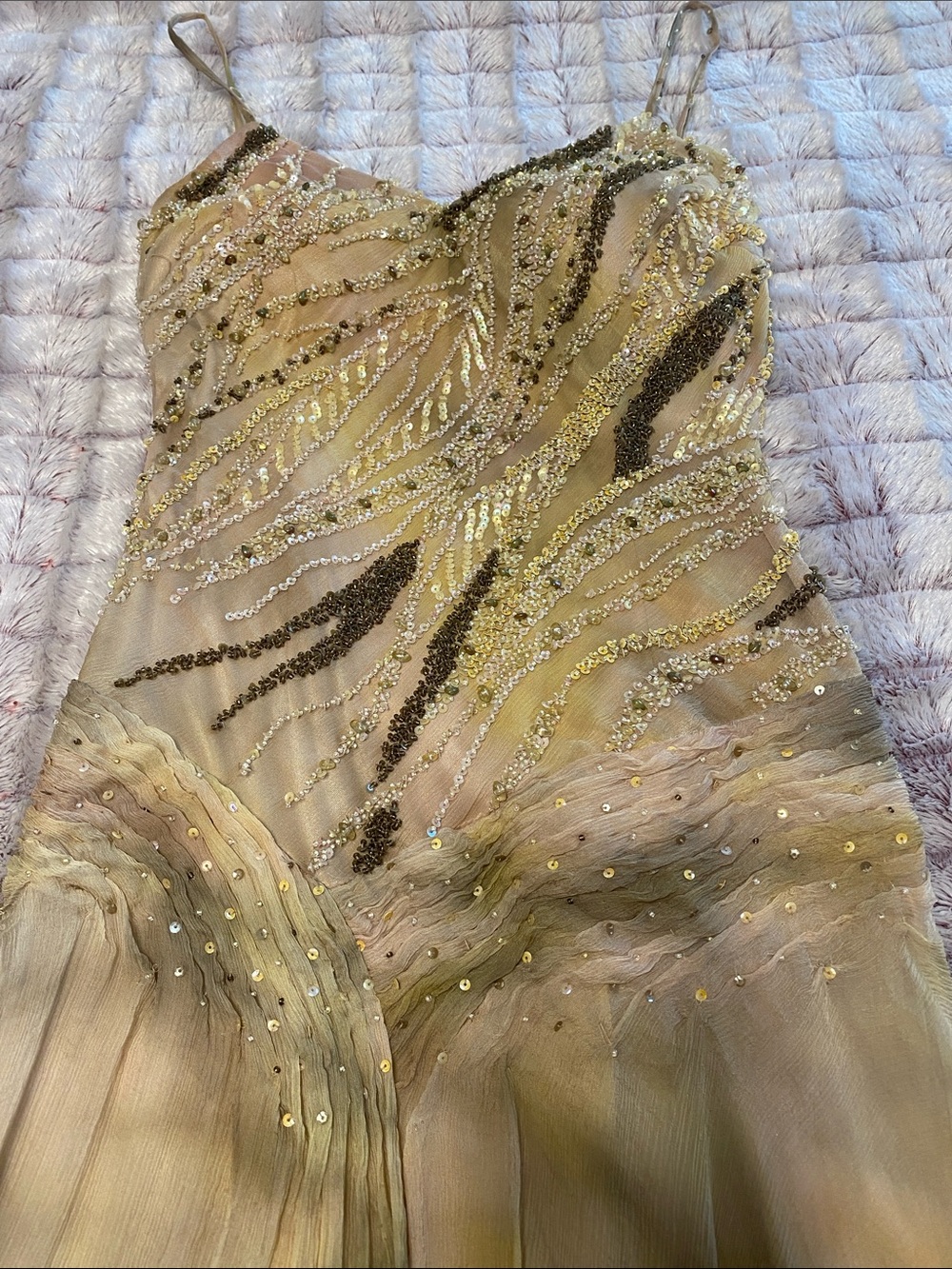 Sue Wong Beaded High-Low Flowy Silk Gown in Yellowish Green Champagne Hues - Picture 3 of 12